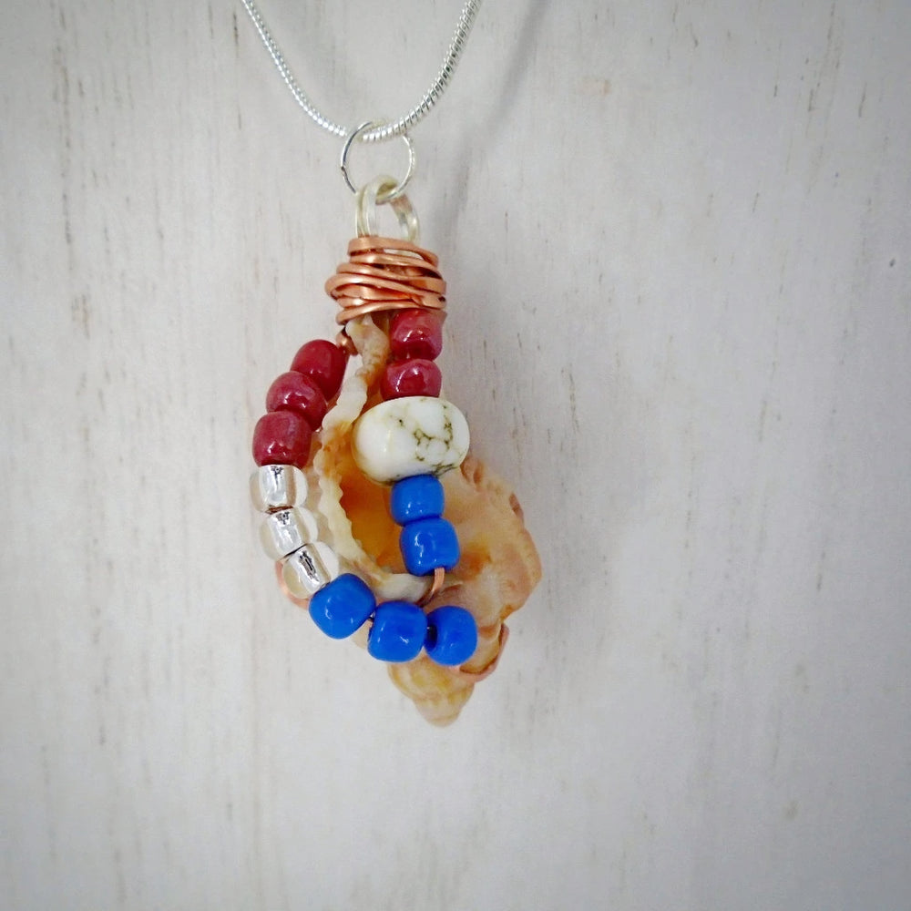Florida Apple Murex Shell Pendant-Copper Wire Wrapped-Multi Color Glass Beads- USA Beach Boho