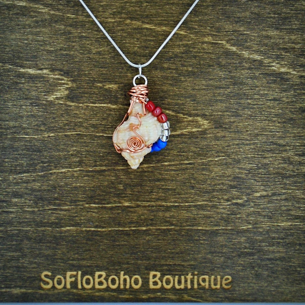 Florida Apple Murex Shell Pendant-Copper Wire Wrapped-Multi Color Glass Beads- USA Beach Boho - South Florida Boho Boutique