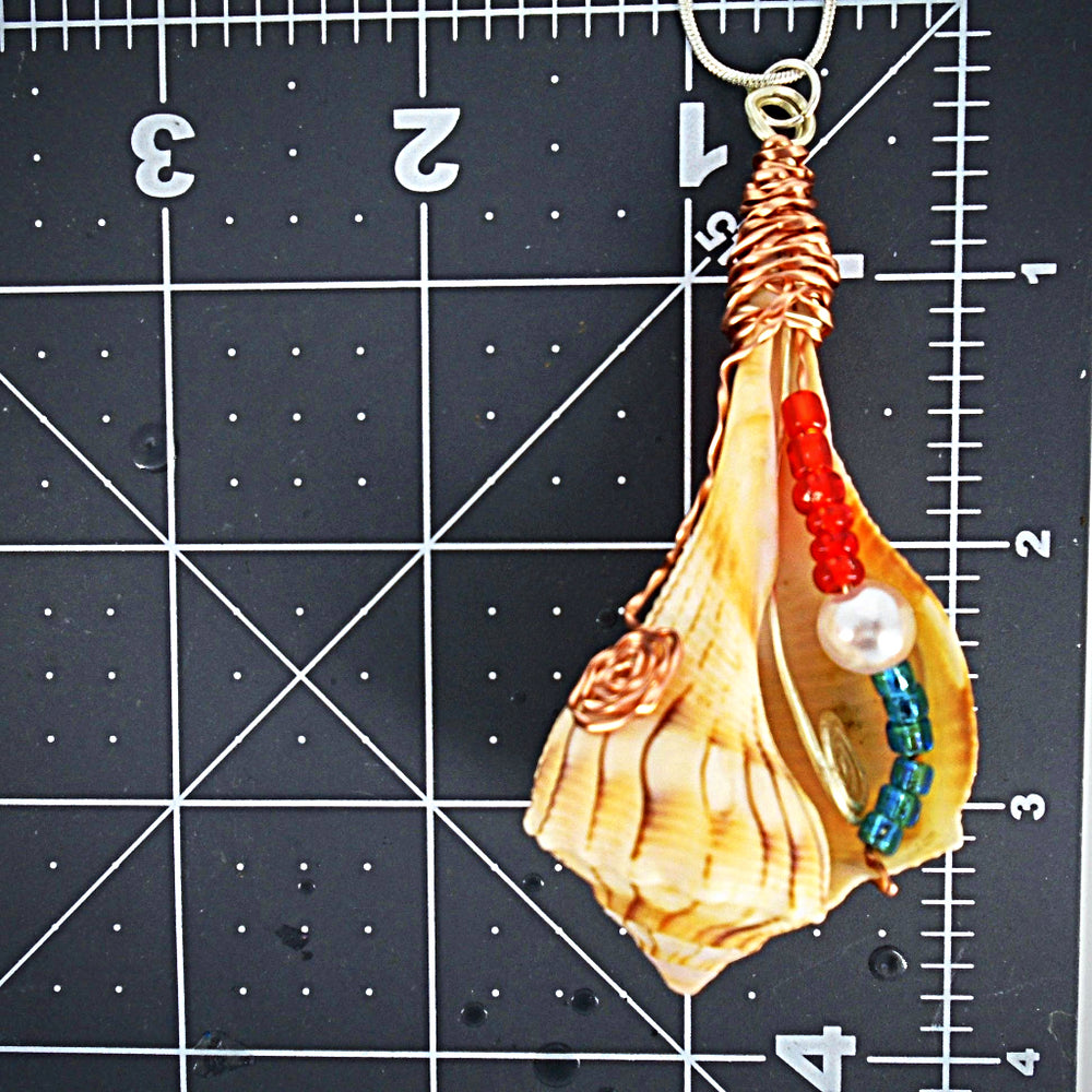 Lightning Whelk Shell Pendant-Multi-Color Glass Beads-Copper/Silver Color Wire Wrapped-USA- Boho - South Florida Boho Boutique