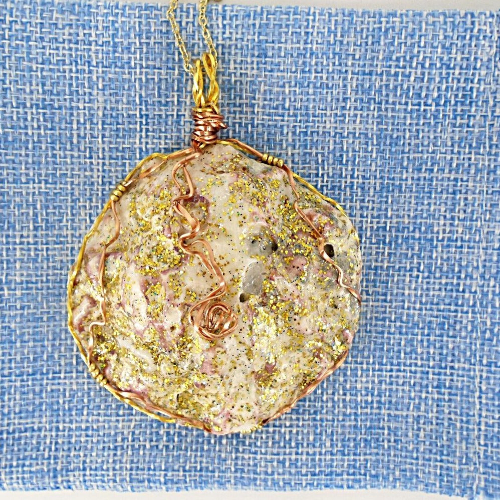 Oyster Shell Pendant-Gold/Copper Wire Wrapped and Glitter glazed-Beach Boho - South Florida Boho Boutique