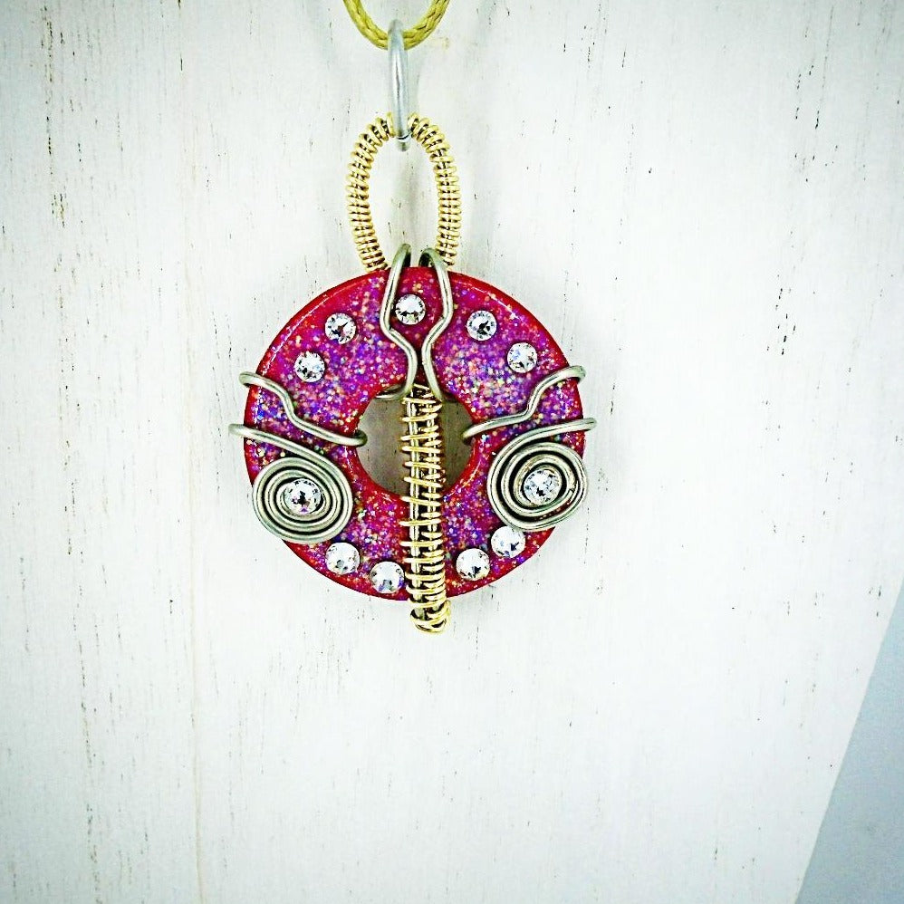 Red metal pendant,gold,silver wire wrap, swarovski crystals,leather rope included,