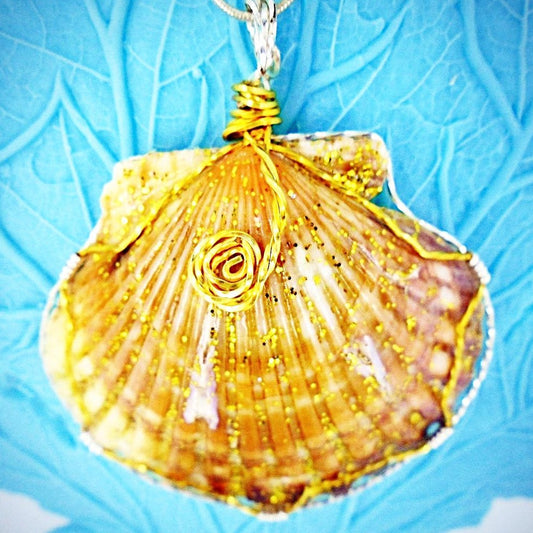 Scallop Shell Pendant-Gold Glitter Sparkle-Silver/Gold Wire Wrapped And Encased-Beach Boho - South Florida Boho Boutique