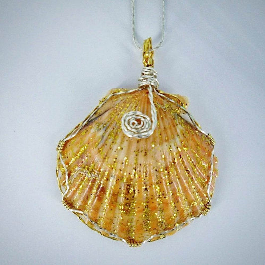 Gold Scallop Seashell Pendant – Handmade Beach Necklace on Leather Rope

