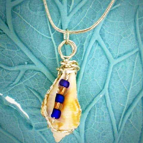 Horse Conch Seashell-silver Wire Wrapped-Blue-Silvet Color Glass Beads-Beach Boho - South Florida Boho Boutique
