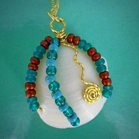 Lucina Seashell Pendant-Gold Wire Wrapped-Multi Color Glass Beads-Beach Boho - South Florida Boho Boutique