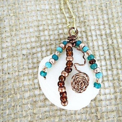 White Lucina Seashell Pendant,Vintage Wire Wrapped,Multi Color Glass Beads - South Florida Boho Boutique