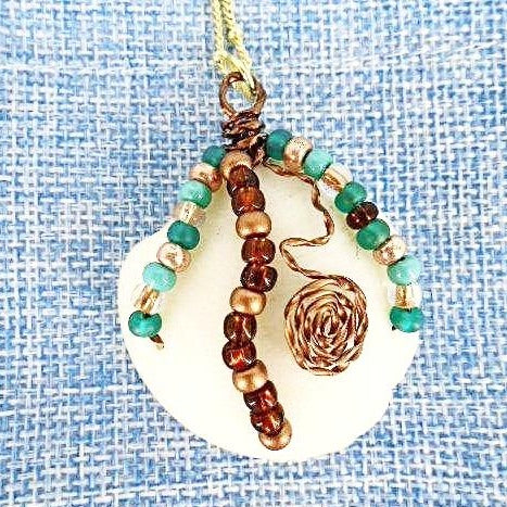 White Lucina Seashell Pendant,Vintage Wire Wrapped,Multi Color Glass Beads - South Florida Boho Boutique